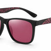Black wayfarer sunglasses with pink mirrored lenses and patterned arms, UV protection, polarized