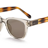 Clear acetate sunglasses with brown-tinted lenses and tortoiseshell temples