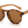leopard print round frame ladies sunglasses with wood arms