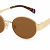 Gold oval sunglasses with tortoise temple tips, polarized brown lenses for women