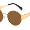 Gold round sunglasses with brown lenses and black temple tips, stylish women's sunwear with UV protection