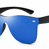 Remi Oversized Mirror sunglasses by Fox Shades with blue mirrored shield lenses and black arms.