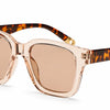 Tea tortoise square sunglasses by Fox Shades with a translucent peach clear frame, warm tea lenses, tortoise patterned arms