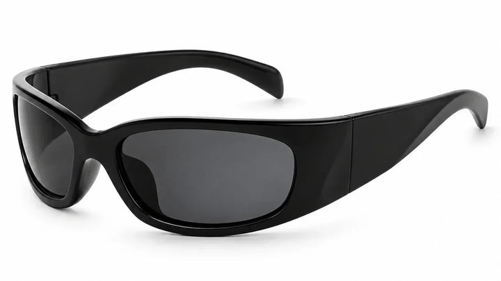 Black wraparound sunglasses with UV protection and polarized lenses for women