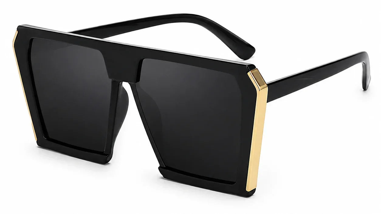 Black oversized square sunglasses with gold accents, UV protection, polarized lenses for women