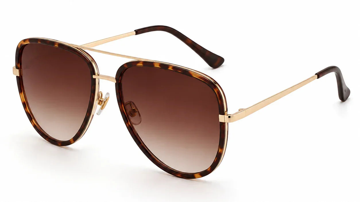 Tortoiseshell aviator sunglasses with gold frame and gradient brown lenses, stylish women's UV protection shades
