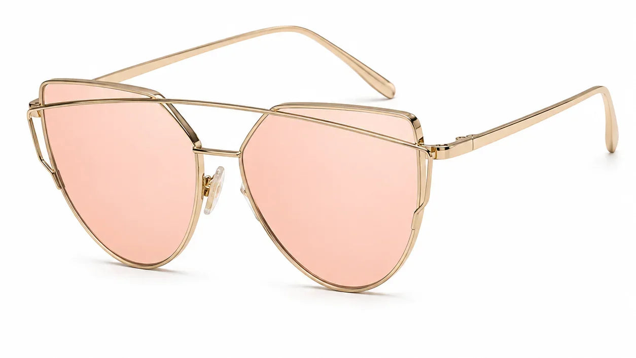 Gold frame cat-eye sunglasses with pink mirrored lenses, stylish women's UV protection shades