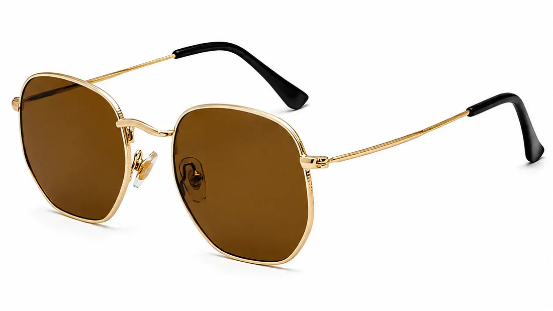 Gold aviator sunglasses with brown polarized lenses and black temple tips for women