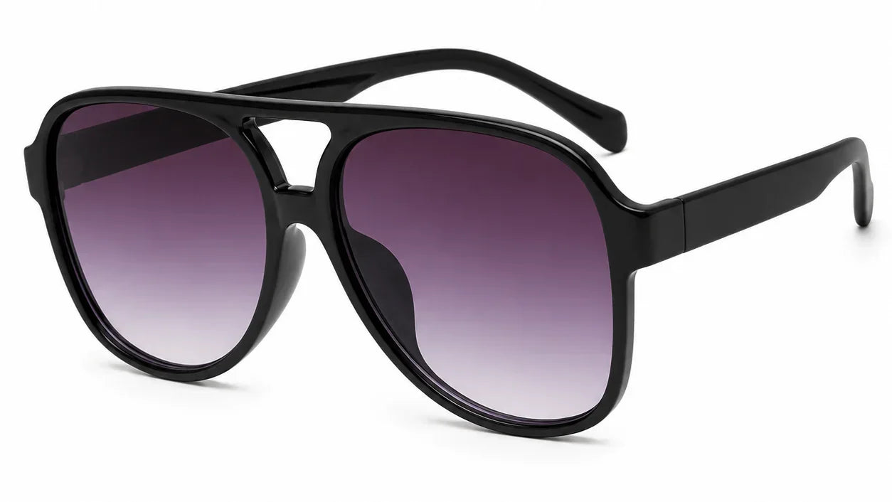 Stylish black aviator sunglasses with purple gradient lenses, UV protection, and polarized design for women.