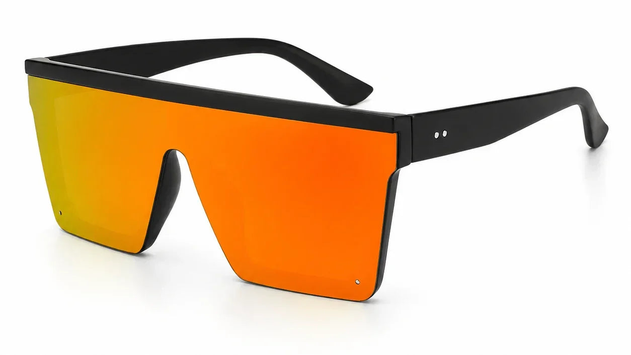 Trendy oversized sunglasses with black frame and orange mirrored lenses, UV protection, polarized