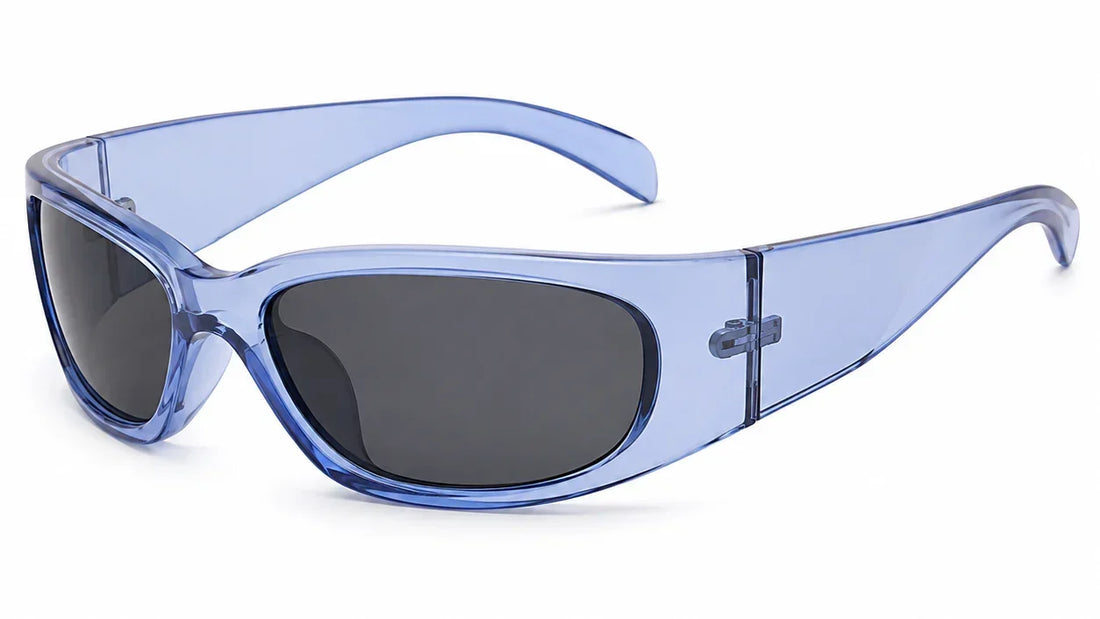 Blue translucent frame sunglasses with dark polarized lenses, stylish women's UV protection eyewear