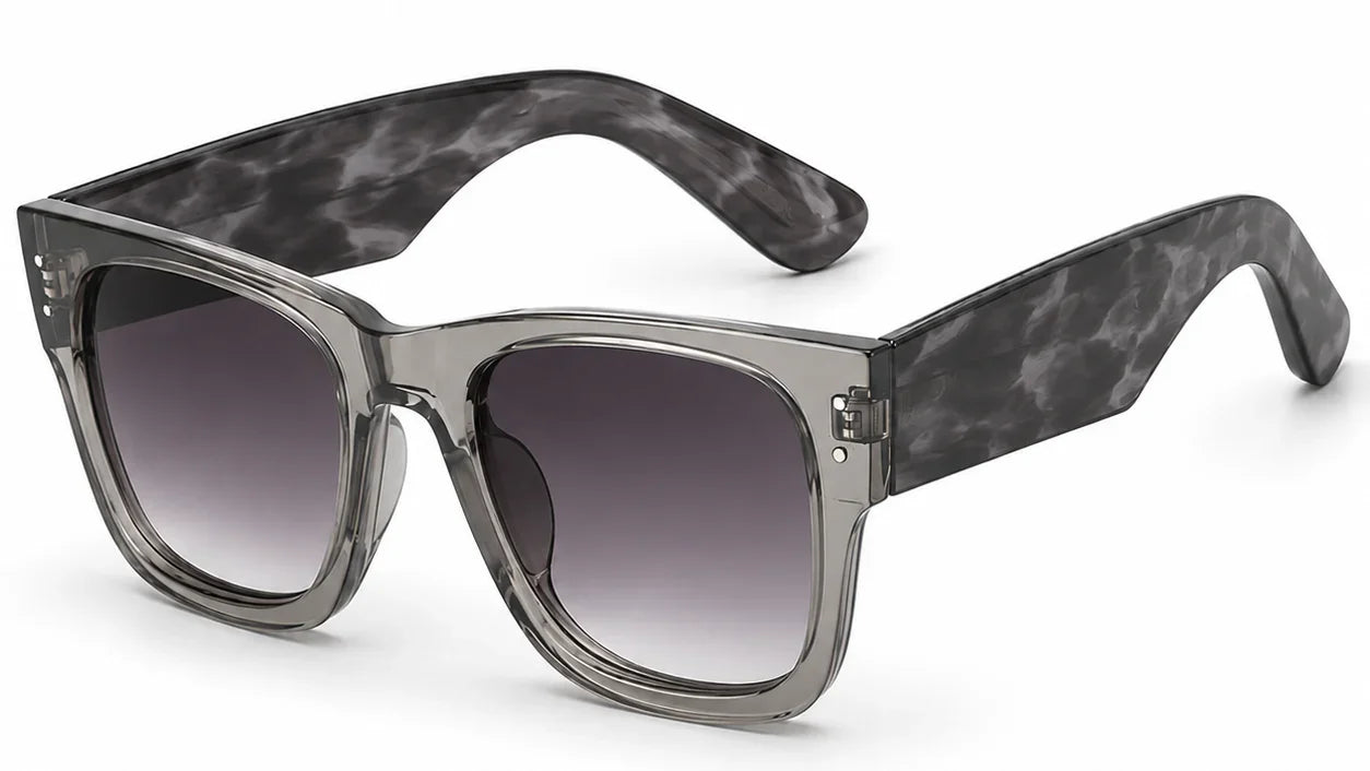 Stylish women's square sunglasses with gray gradient lenses and marbled frames, UV protection