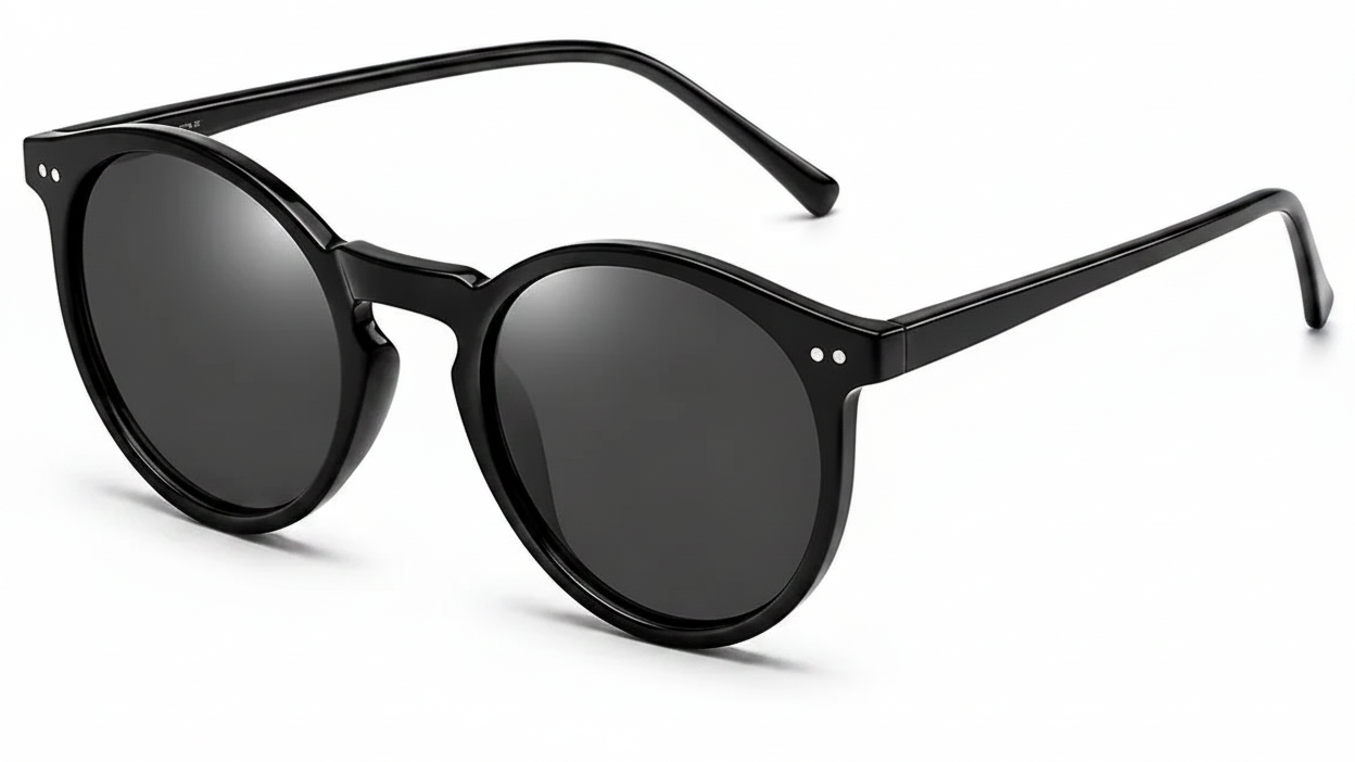Black round sunglasses with polarized lenses, stylish women's sunwear for UV protection