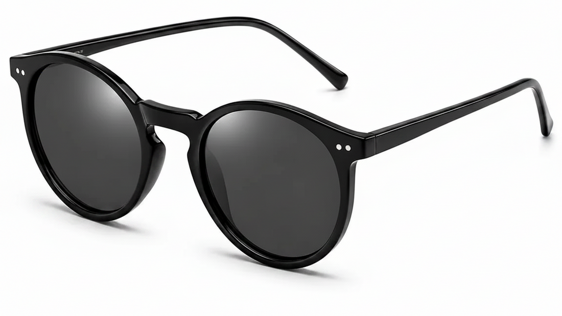 Black round sunglasses with polarized lenses, stylish women's sunwear for UV protection