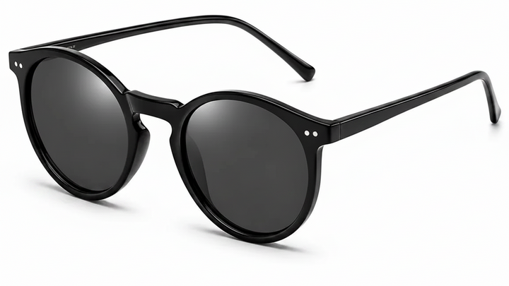 Black round sunglasses with polarized lenses, stylish women's sunwear for UV protection