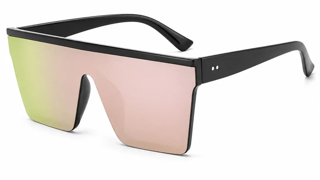 Stylish oversized sunglasses with gradient pink-green lenses and black frame, UV protection