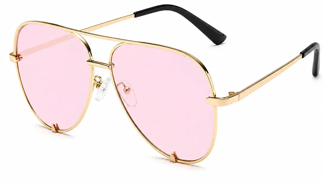 Pink lens aviator sunglasses with gold frame and black temples, stylish women's UV protection shades