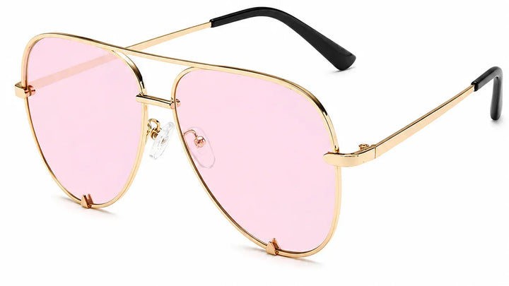 Pink lens aviator sunglasses with gold frame and black temples, stylish women's UV protection shades