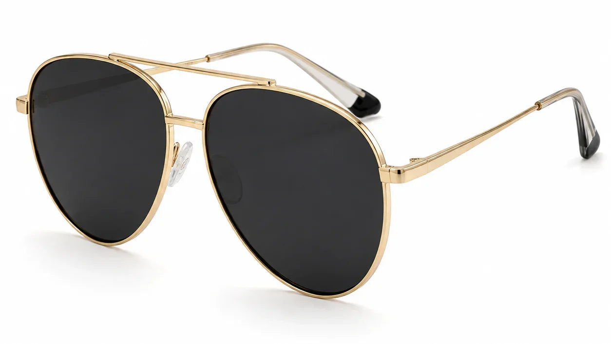 Gold aviator sunglasses with black polarized lenses for women, UV protection, stylish and trendy design