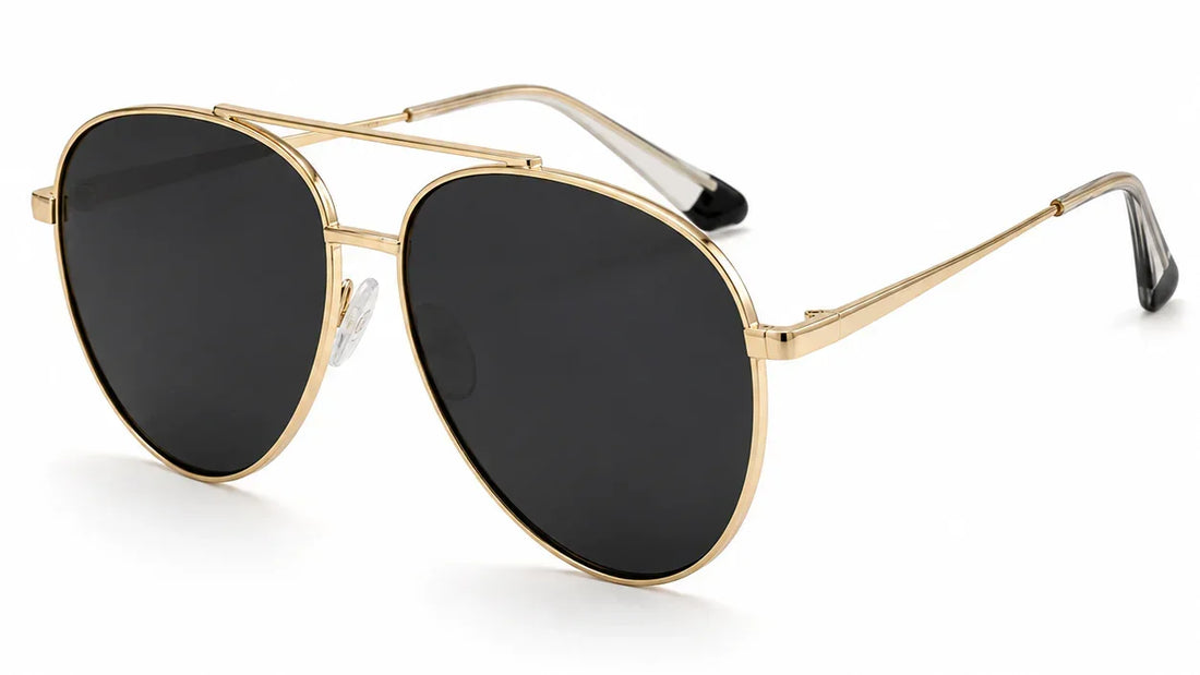 Gold aviator sunglasses with black polarized lenses for women, UV protection, stylish and trendy design