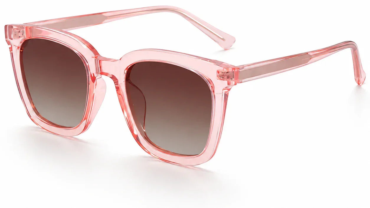 Pink translucent square sunglasses with gradient brown lenses, stylish women's UV protection shades