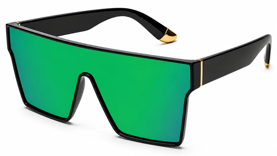 Stylish black frame sunglasses with green mirrored lenses and gold accents, UV protection