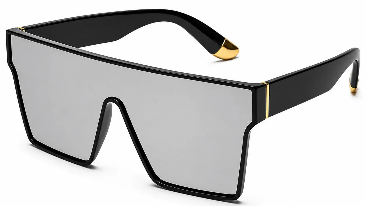 Stylish black oversized sunglasses with silver mirrored lenses and gold accents, UV protection
