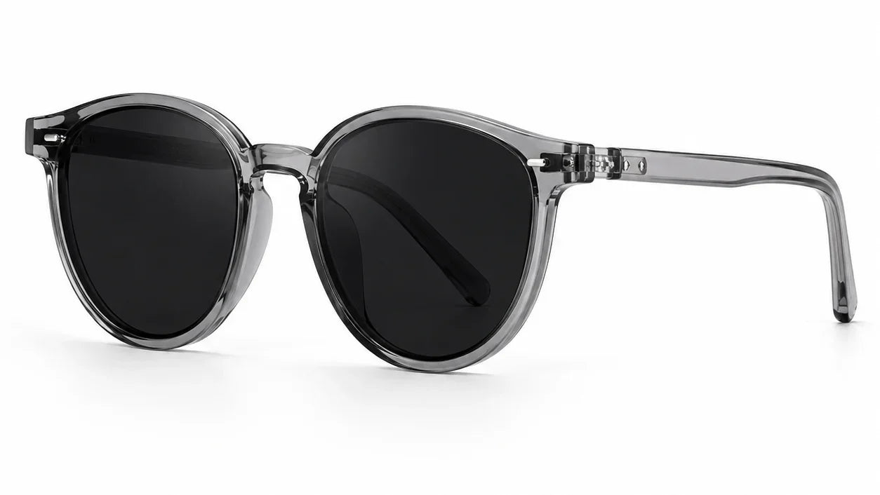 Stylish round sunglasses with clear gray frames and black polarized lenses for women