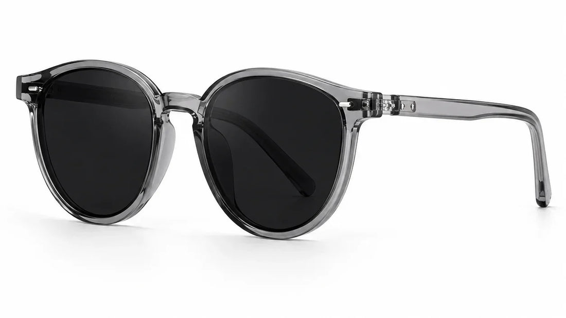 Stylish round sunglasses with clear gray frames and black polarized lenses for women