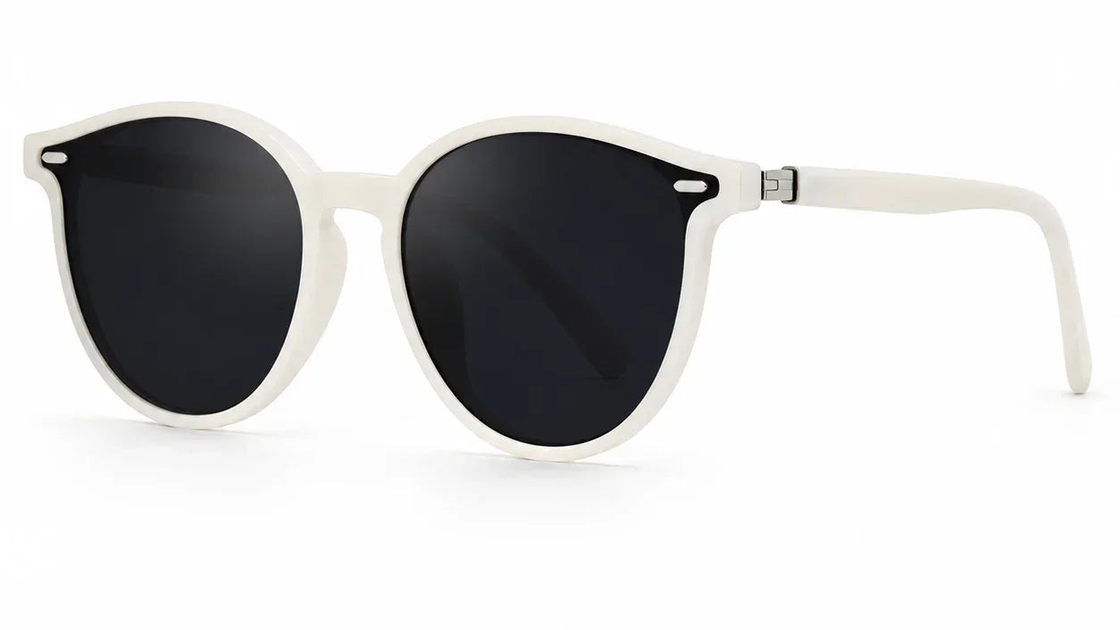 White round-frame women's sunglasses with black polarized lenses, UV protection, stylish design