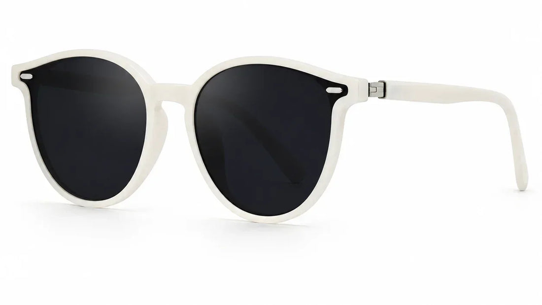 White round-frame women's sunglasses with black polarized lenses, UV protection, stylish design
