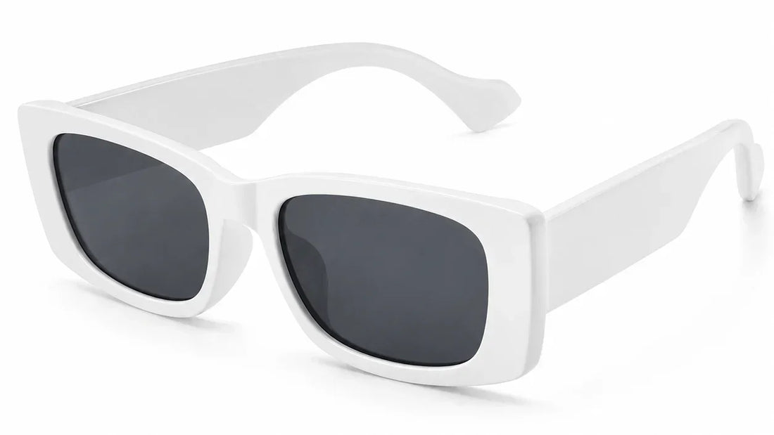 White rectangular sunglasses with dark lenses, stylish and modern design for women
