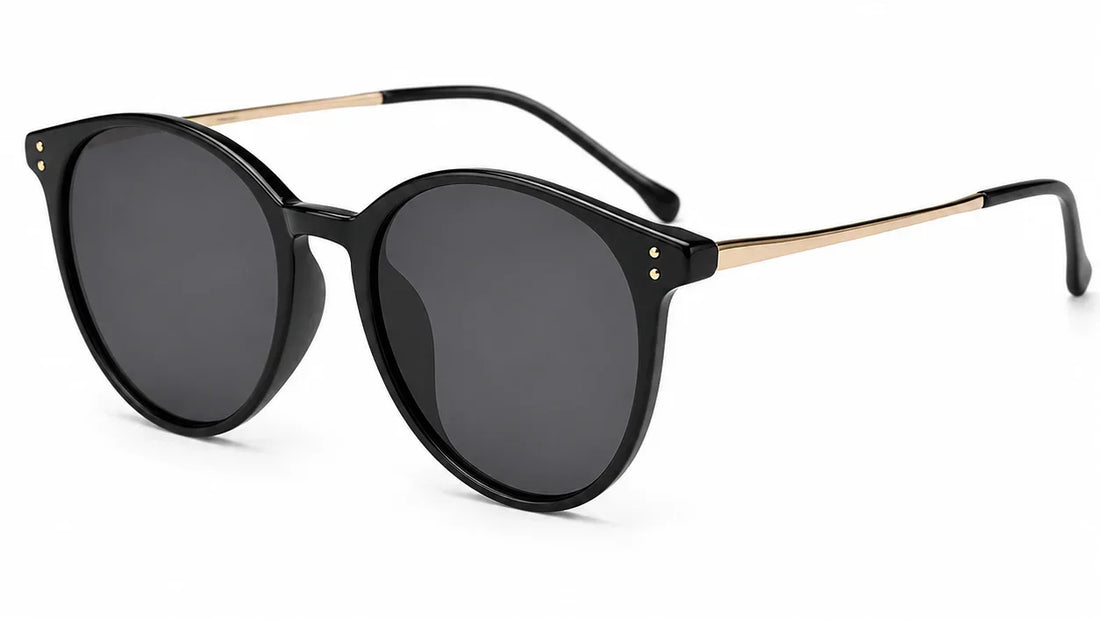 Stylish black round sunglasses with gold accents, UV protection and polarization for women