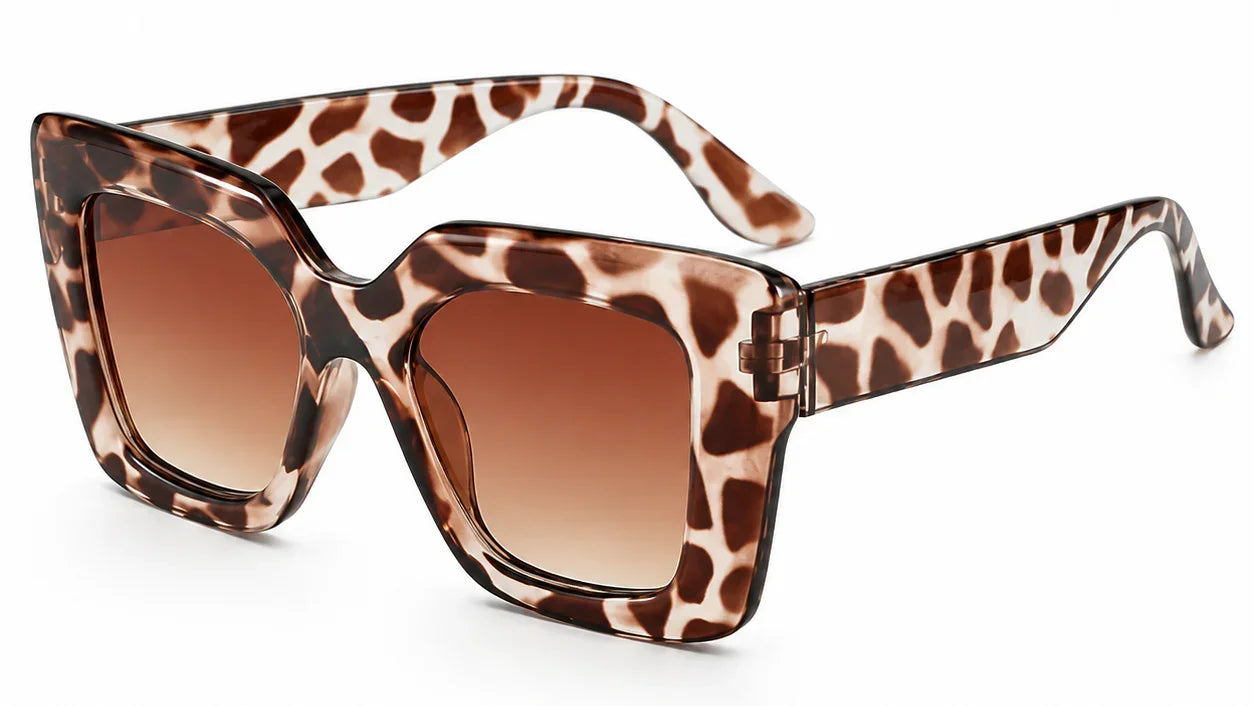 Leopard print square sunglasses with brown gradient lenses, stylish women's UV protection shades