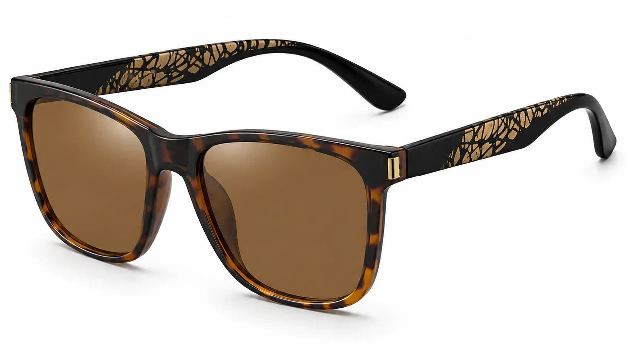 Tortoiseshell sunglasses with gold patterned arms, polarized lenses, UV protection, stylish women's eyewear