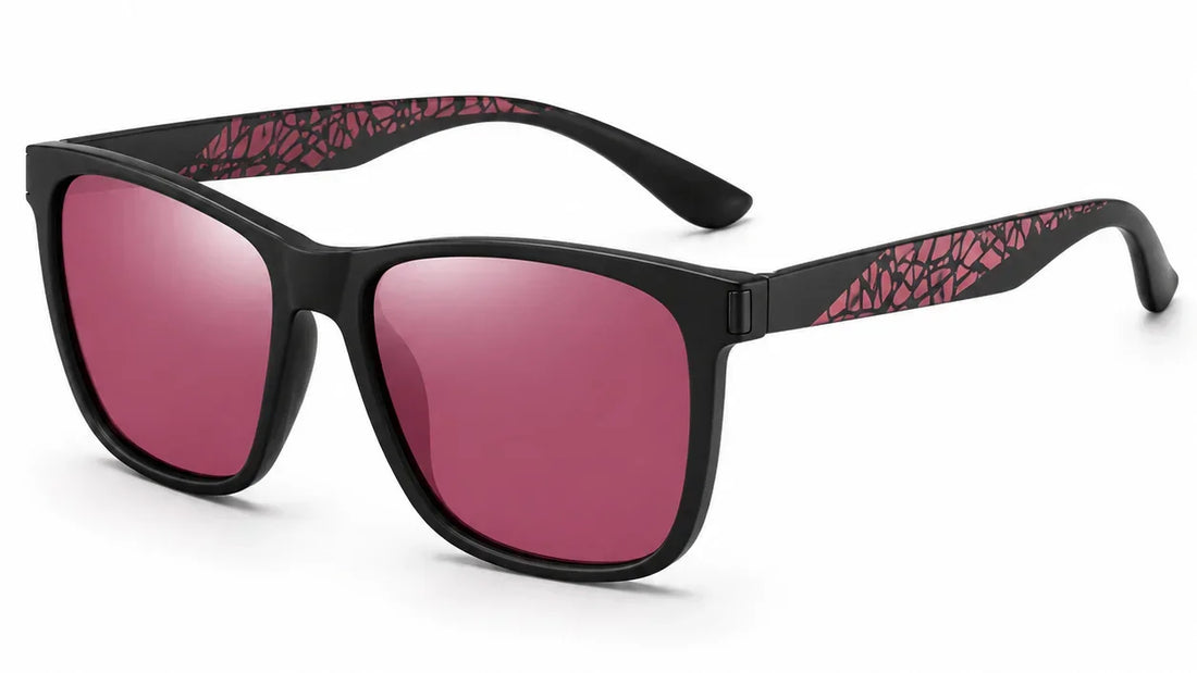 Black wayfarer sunglasses with pink mirrored lenses and patterned arms, UV protection, polarized