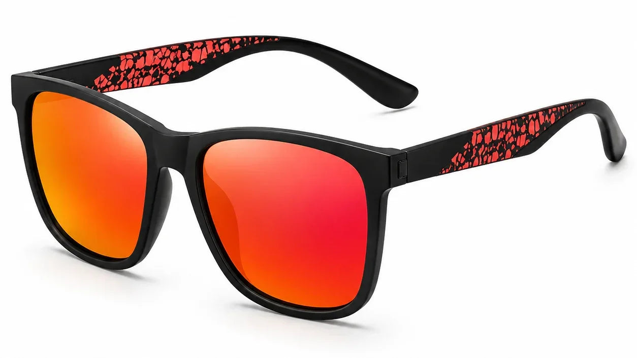 Stylish women's sunglasses with black frames, red-orange mirrored lenses, and patterned arms for UV protection and polarization.