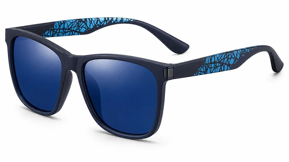 Blue mirrored polarized sunglasses with patterned temple arms, stylish UV protection eyewear for women