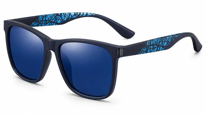 Blue mirrored polarized sunglasses with patterned temple arms, stylish UV protection eyewear for women