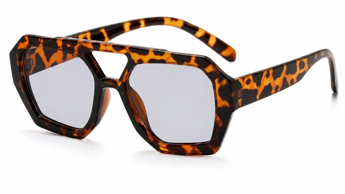 Tortoiseshell oversized sunglasses with geometric frames and silver mirrored lenses for women