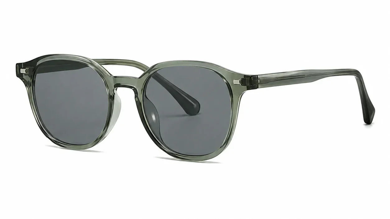Stylish round sunglasses with gray tinted lenses and translucent green frames, UV protection