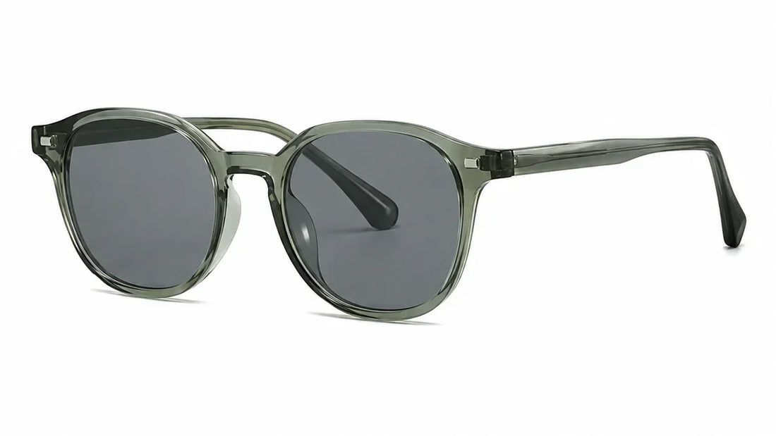 Stylish round sunglasses with gray tinted lenses and translucent green frames, UV protection