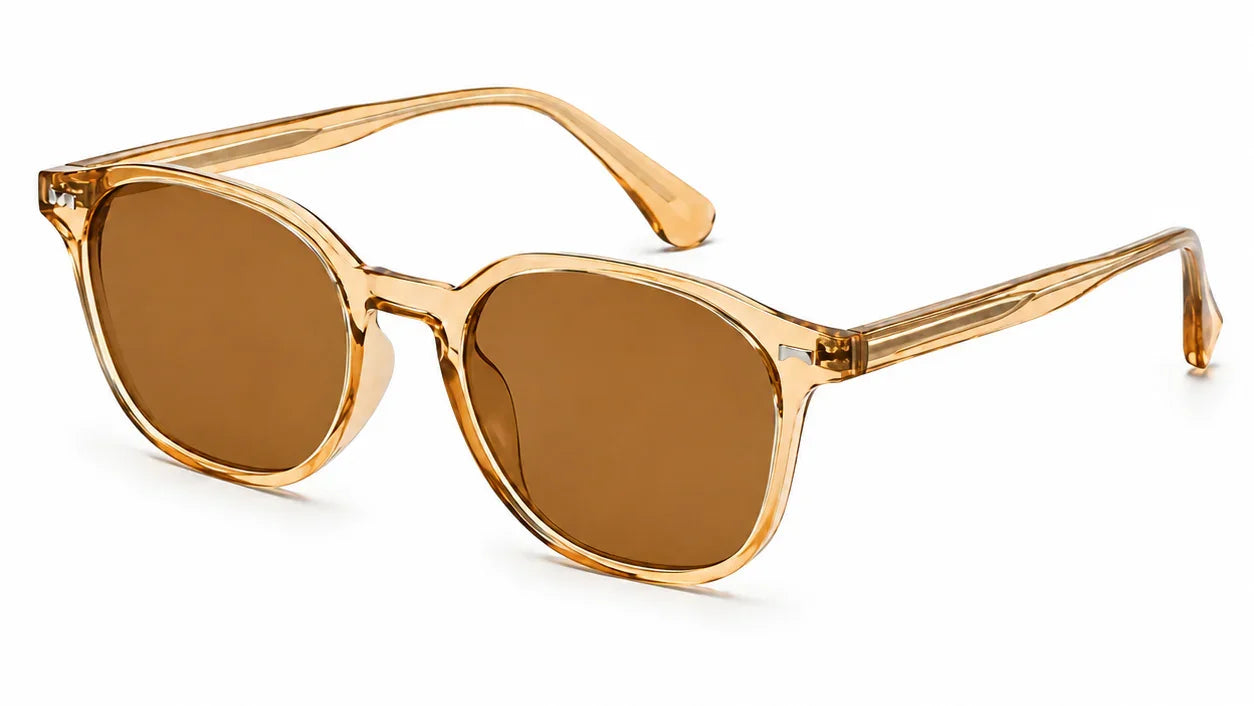 Gold-framed sunglasses with brown lenses on a white background