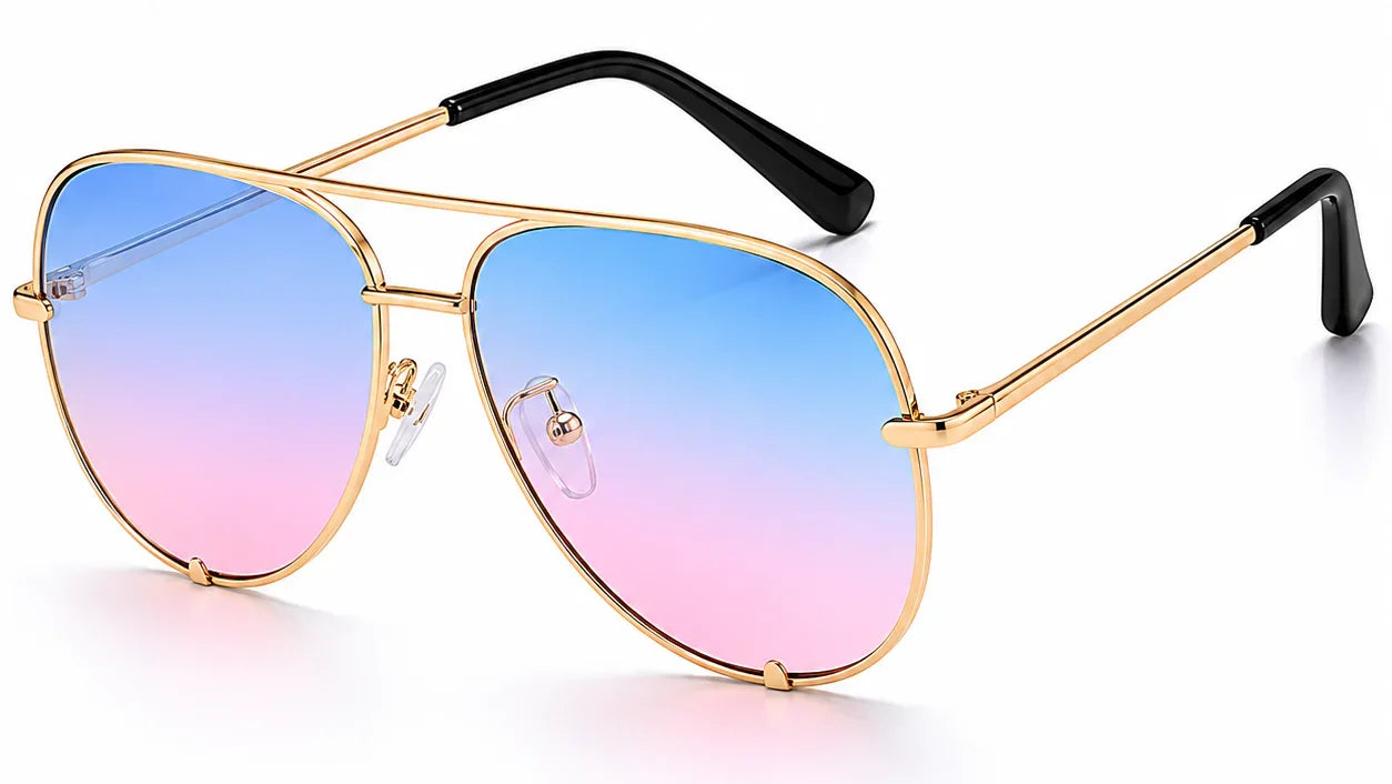 Stylish aviator sunglasses with gold frame and blue-to-pink gradient lenses, UV protection