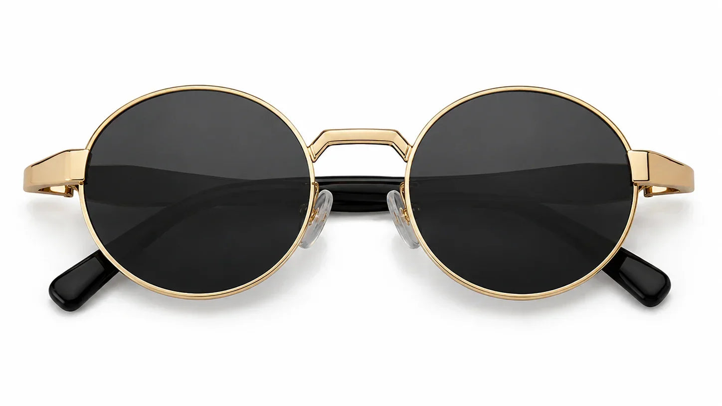 Round gold frame sunglasses with black lenses, stylish and polarized for women