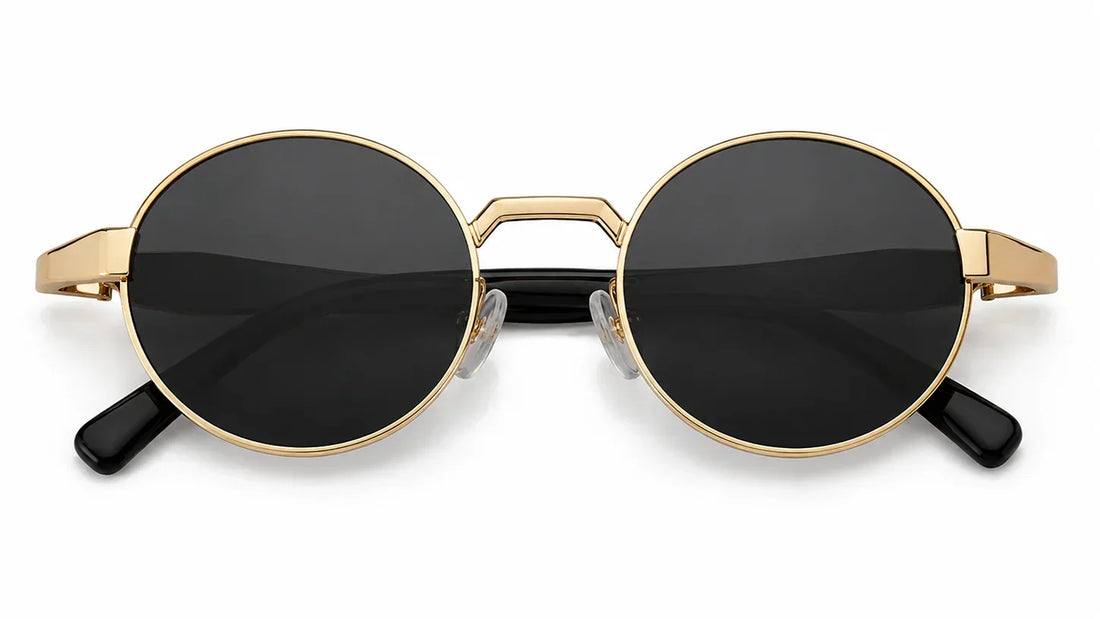 Round gold frame sunglasses with black lenses, stylish and polarized for women
