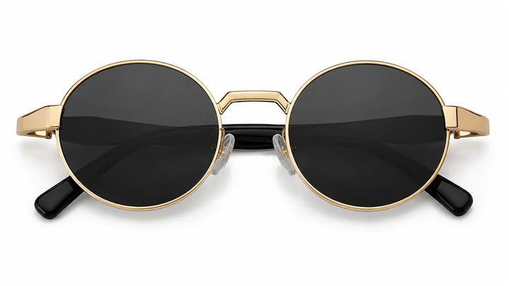 Round gold frame sunglasses with black lenses, stylish and polarized for women