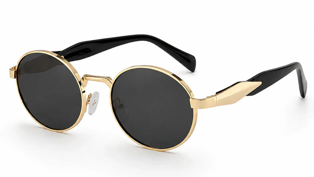 Stylish round sunglasses with gold frames and black lenses, featuring UV protection and polarization for women.
