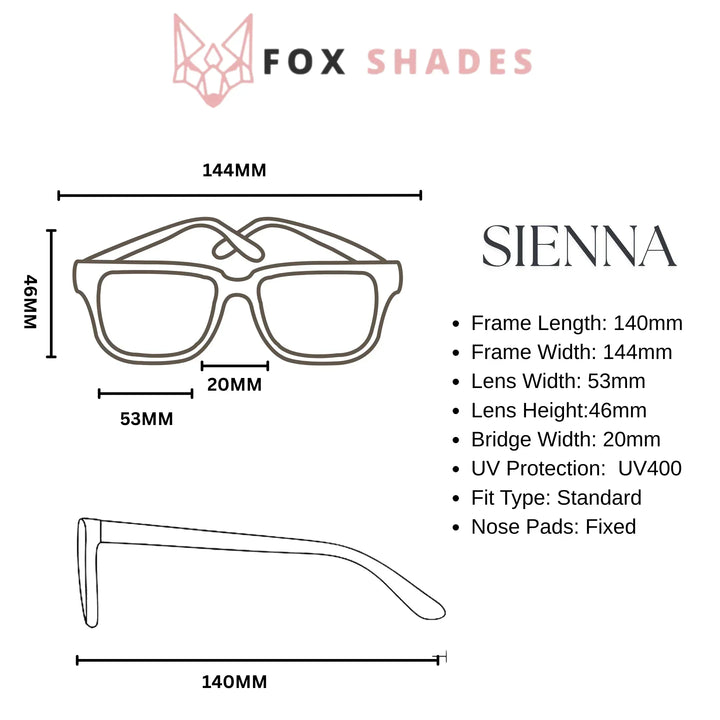 Sienna women's sunglasses with UV400 protection, 144mm frame width, 53mm lens width, standard fit