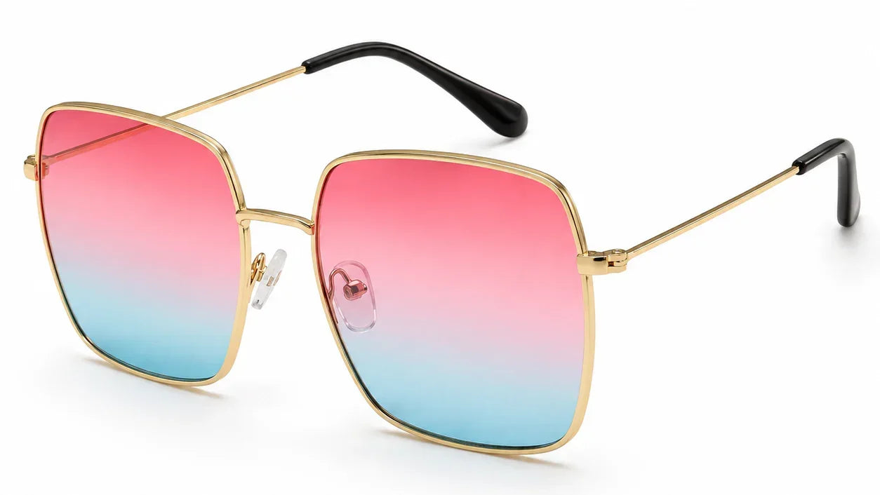 Stylish women's sunglasses with pink to blue gradient lenses, gold frame, UV protection